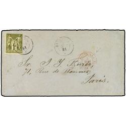 1881 SANANILLA a FRANCIA. Circulada con sello francés de 1 fr. verde mat. fechador de la Agencia Con