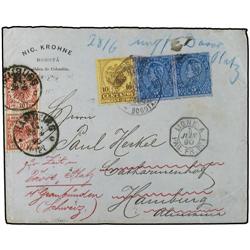 1890 BOGOTA a HAMBURGO (Alemania). Circulada con sellos de 5 ctvos. azul (2) y 10 ctvos. bistre reex
