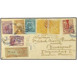 1903 Registered envelope to Budapest, Hungary, with multi-franking (7 vals) tied by Cartagena date s