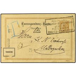 1890 Postal stationary card 2 Kr brown cancelled by boxed LAGREB-STEINBENUCK KOZZOTT B POSTE PRATNIK