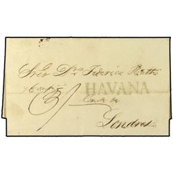 1829 HABANA a LONDRES. Marca lineal HAVANA en negro. 