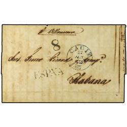 1839 CADIZ a LA HABANA. Fechador de CADIZ y marca ESPAÑA en negro estampada a la llegada. 