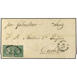 1863 (June 22) Entire letter from MANILA to Cadiz via Suez and Gibraltar, franked by two contrasting