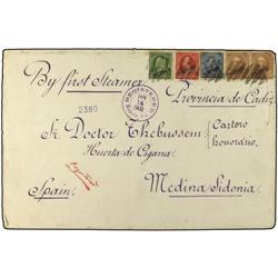1902 ADMON. AMERICANA. Sobre CERTIFICADO de MANILA a CADIZ. 1c. verde, 2c rojo, 5c azul y 10c castañ