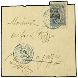 1902 Newspaper wrapper to Zagazig, Egypt, franked bisected 25c. tied by Djibouti date stamp. 