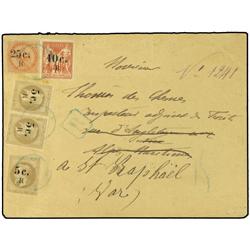 1886 Registered envelope to FRANCE bearing 25 on 40 cents orange (Yvert 4), 5 on 30 cents brown (3) 