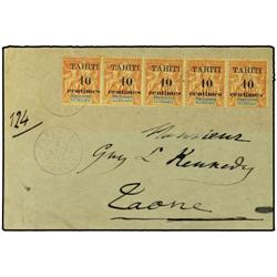 1907 Envelope to Laone franked strip of five 40c. L´Oceanie "Sage" surcharged "Tahiti 10 Centimes", 