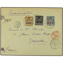 1900 Registered envelope to Grenoble franked ´1 anna´ on 10c; ´1½ annas´ on 15c. & ´3 annas´ on 30c.
