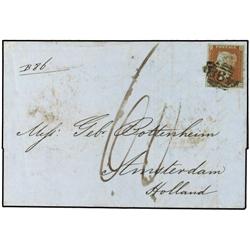 1852 Envelope to HOLLAND bearing 1 d brown (SG 8) imperf tied by 498 numeral with MANCHESTER datesta