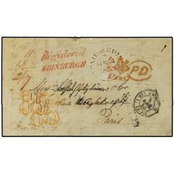 1853 Stampless Registered and charged envelope to FRANCE cancelled by paid at EDINBURGH datestamp wi