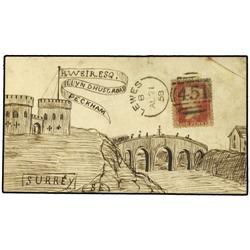 1858 Hand illustrated envelope to PECKHAM bearing 1 d rose (SG 40) tied by LEWES 451 duplex with Lon