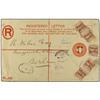 1898 20 c. red registered postal stationery envelope used to Berlin, up-rated with five 1902 optd. G