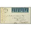 Image 1 : 1866 Envelope + original letter to London franked strip of four 3d. Challon heads tied by laurel-lea