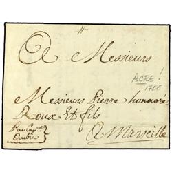 1755 Entire to Marseille from Acre.  Annotated "Par Cap.ne Aubin". 