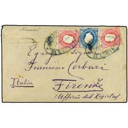 1889 S. VICENTE a ITALIA. 20 reis rosa (2) y 50 reis azul (defecto en una esquina). Muy raro franque