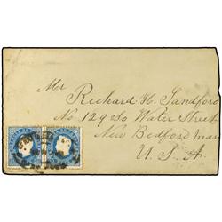 1893 Cover to New Bedford, USA franked by 1886 50 r. blue pair somewhat smudgily cancelled and toned