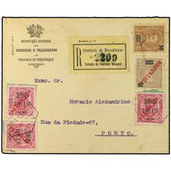 1915 Registered imprinted Posts & Telegraphs envelope to Porto franked by 1903 50 r. brown, 1911 20 