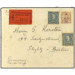1912 Registered envelope to GERMANY cancelled on reverse by CUSTOMS LAPPA double ring routed via Mac