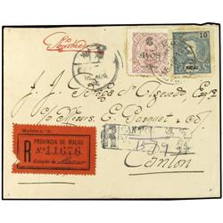 1912 Registered envelope to CANTON bearing 10 avos green and  6 on 10 avos mauve (SG 120,143) tied b