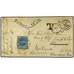 1884 INHAMBANE a USA. Sobre circulado con sello de 50 reis azul, mat. fechador CORREIO/INHAMBANE. Ca