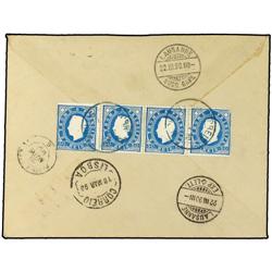 1890 Registered envelope to SWITZERLAND bearing 50 reis blue (strip of four) (SG 46) tied by ST. THO