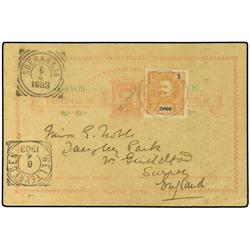 1903 Postal stationary card 3 avos overprinted PROVISORIO upgraded with 1 avos orange (SG 69) tied b