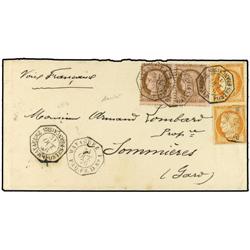 1876 MAYAGUEZ a FRANCIA. Circulada por el correo francés con sellos de 10 cts. (2) y 40 cts. (2) par