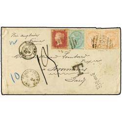 1876 PONCE a FRANCIA. Circulada con sellos Britanicos de 1 p. rojo, 4 p. naranja (2) y 1 sh. verde, 