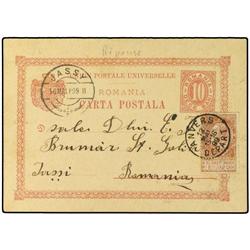1899 Postal Stationary reply card 10 bani red used back from BELGIUM bearing Belgium 10 cent brown (