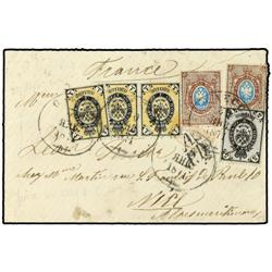 1871 Envelope to FRANCE bearing 1 kop yellow and black (3) (SG 18), 5 kop black and purple (SG 20) a