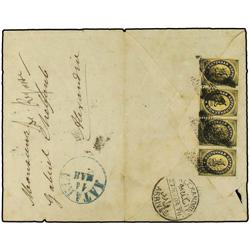 1884 Envelope to EGYPT bearing Levant 1 kop yellow/black (strip of four) (Yvert 22) cancelled by Ret