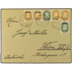 1909 Envelope to Vienna franked Levant 1k overprinted "Constantinople 5 para"(2) + another two witho
