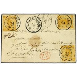1861 Envelope to FRANCE bearing 24 ore yellow orange (3) (Facit 10) tied by STOCKHOLM datestamp with