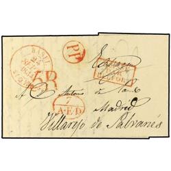 1834 Entire letter from Basel to Madrid with red strikes of Basel cds (Sept 24) and circular ´PP´ an