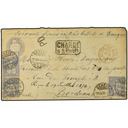 46(3) 1874 GENEVE a FRANCIA. Entero postal de 30 cts. gris con franqueo complementario de tres sello