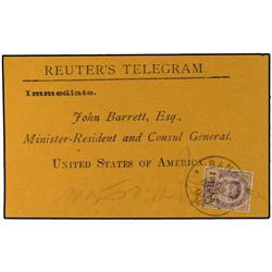 1895 BANGKOK a TELEGRAMA enviado al Consul General de los Estados Unidos con sello de 1 bat s. 64 ba