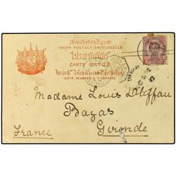 1900 Picture post card to FRANCE written from KRUNG KAO with CHULA SAKARAT datestamp bearing 4 on 12