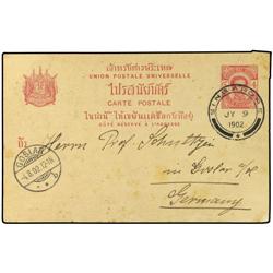 1902 Postal stationary card 4 att red written from BANGKOK to GERMANY cancelled in transit by SINGAP