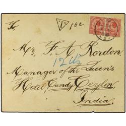 1902 Envelope to CEYLON bearing 4 att carmine (pair) (SG 72) tied by BANGKOK 2 cds, underpaid, hands