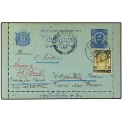 1906 BANKOK a NUEVA GUINEA. Entero Postal de 4 bat azul con franqueo complementario 8 bat. Rara dest