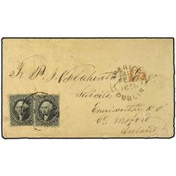 1858 Envelope to IRELAND bearing 12 cents black (2) (Scott 36) plate 1 tied by HUNTINGTON IND. dates