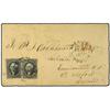 Image 1 : 1858 Envelope to IRELAND bearing 12 cents black (2) (Scott 36) plate 1 tied by HUNTINGTON IND. dates