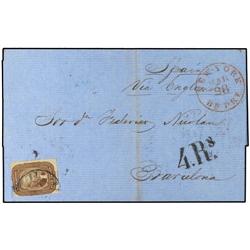 29 1860 NEW YORK a ESPAÑA. 5 cts. castaño. Tasada a la llegada con 4 Reales. Magnífica y muy tempran