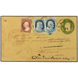 (1860 CA) 10c. postal stationery envelope uprated imperf pair 1c. Franklin (faults) + perfd 3c. Wash