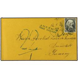 (1863 CA) Envelope to DARMSTADT, Germany, franked 2c. "Black Jack" (fault) tied by dumb cancel with 