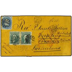 1865 NEW YORK a SUIZA. 1 cto. azul (defecto) y 10 cents verde (2). Marca de intercambio GB/1F40c cor
