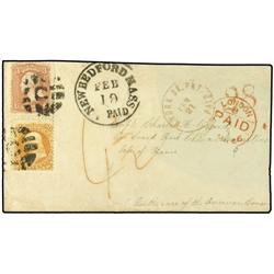 1866 (Feb 19) Delightful cover to Mauritius from New Bedford/Mass. Franked by 1861-62 3 c. rose and 