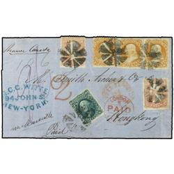1866 (Feb. 26) NEW YORK to HONG KONG (China), dateline on folded letter with blue handstamp NEW YORK