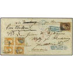 1867 (Nov. 12) SAVANNAH, GA. to HOLSTEIN, (Germany), blue cds with matching open grids tying two 30 
