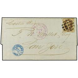1874 (Nov 13) Entire letter to San Jose, Costa Rica franked by Banknote 10 c. brown tied by cork can